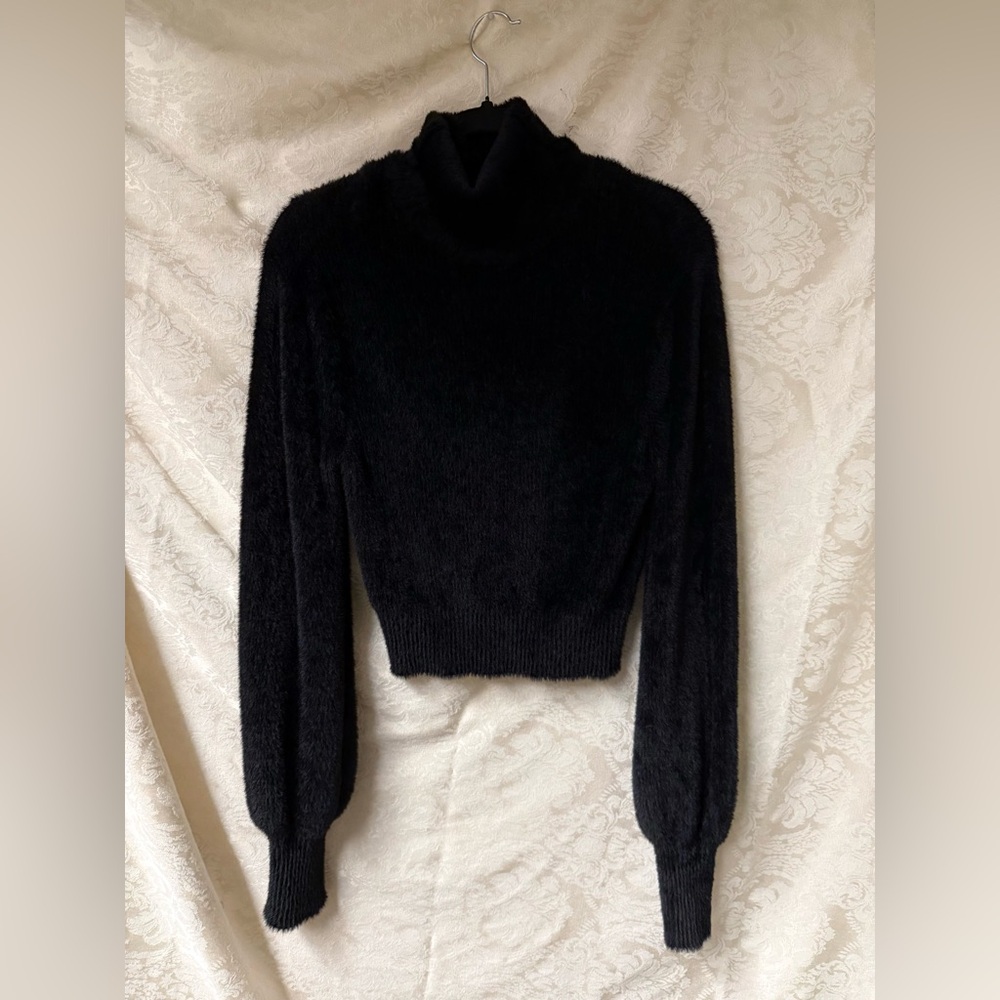 For Love & Lemons Black Eyelash Ballon Sleeve Turtleneck Sweater